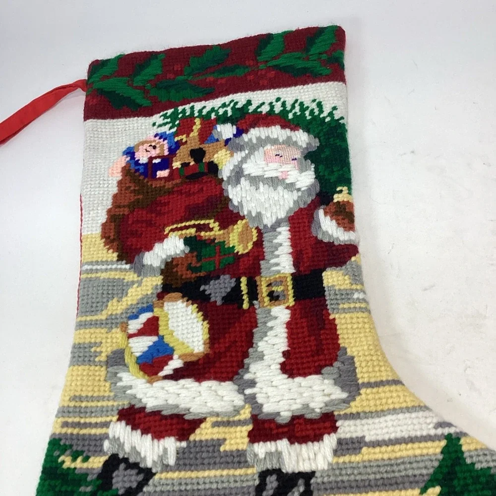 Needlepoint Embroidered Christmas Stocking SANTA BAG 15